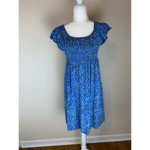 GO FISH Dress Small S Smocked Batik Beach Hippie Boho Blue Short Sleeve Floral